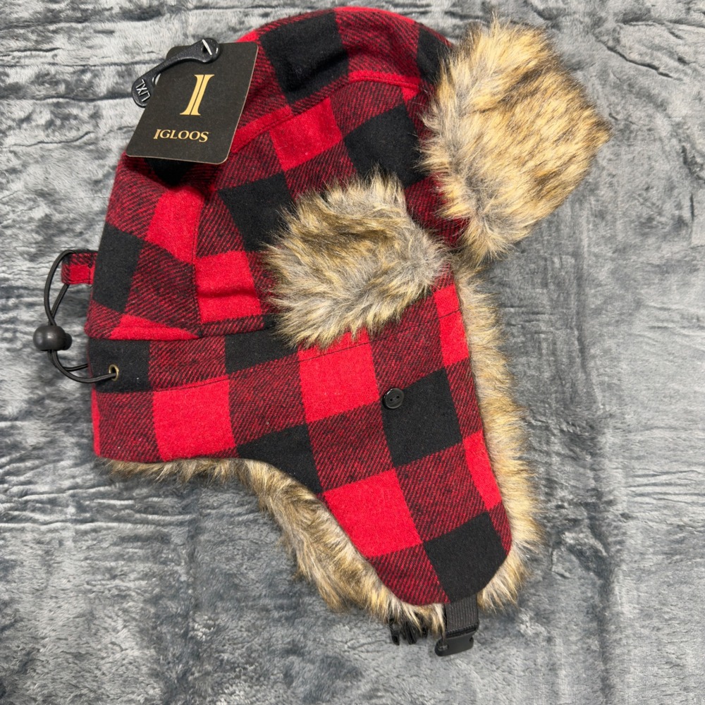 IGLOOS Men Women‎ Trapper Hat Red Black Buffalo Plaid Faux Fur Winter Warm LXL